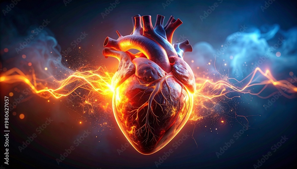 Fototapeta premium Anatomically accurate human heart glowing with fiery electrical pulses, dark blurred background emphasizing cardiac energy and function.