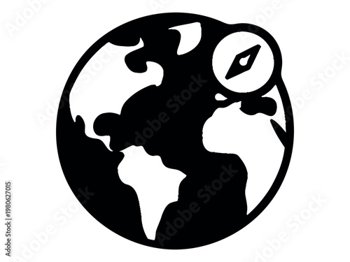 Stylized black and white globe with a compass on top line art navigation adventure discovery direction illustration geography international cartography wanderlust expedition guidance