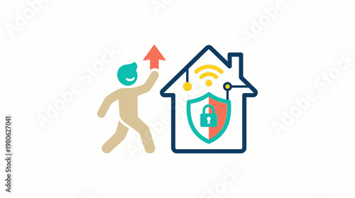 Smart Home and Security Icon with Person and Upward Arrow