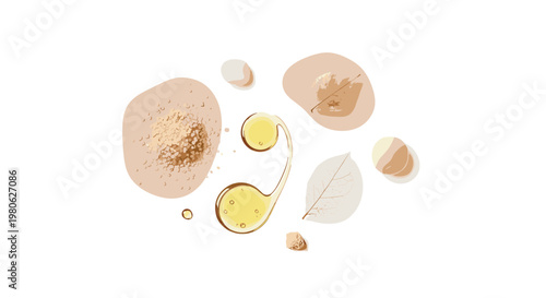 Collection of natural skincare ingredients, including essential oil drops, delicate leaves, and granular scrub, emphasizing organic beauty and wellness.