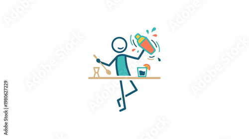 Cartoon Bartender Shaking Cocktail with Flair