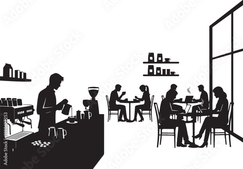 Black silhouette of people sitting at tables in a coffee shop interior