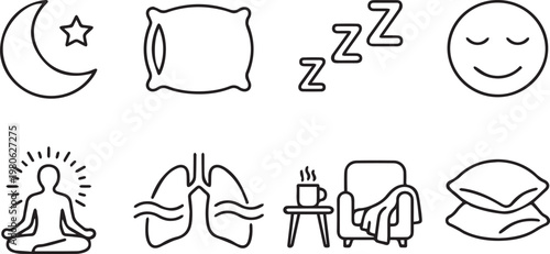 Minimalist sleep and relaxation line icons, set of 8 vector elements for wellness and healthy rest, thin outline symbols for bedtime and meditation