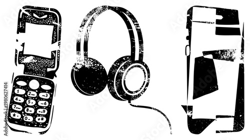Retro flip phone, over ear headphones, tablet device, black and white distressed vector, digital gear, tech nostalgia clipart.