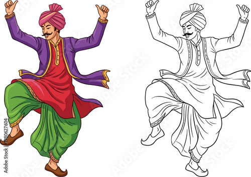 Punjabi Bhangra Dancer Illustration in Traditional Attire with Turban, Energetic Folk Dance Pose, Cultural Celebration and Festival Concept in Vector Style