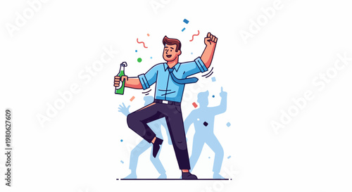 Happy businessman celebrating with confetti and a bottle