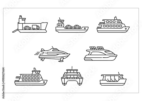 Ferry and Passenger Boat Line Icon Set
