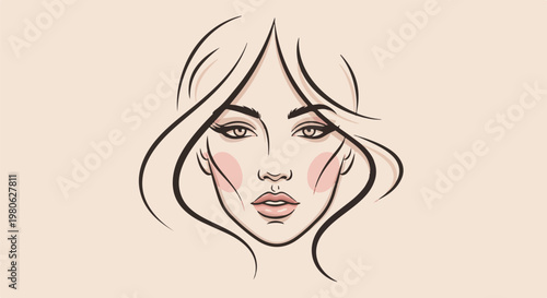 Stylized sketch of a woman's face with flowing hair and subtle blush