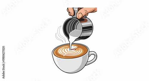 Hand pouring steamed milk into a coffee cup creating latte art