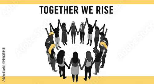 Diverse group of women standing in a circle holding hands together.