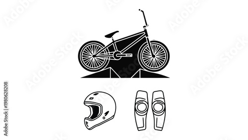 BMX essentials and outline: A sleek BMX bike, a protective helmet, and knee pads are arranged in an artistic composition. A monochromatic.