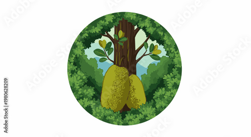 A circular forest scene features a large tree bearing two ripe jackfruits
