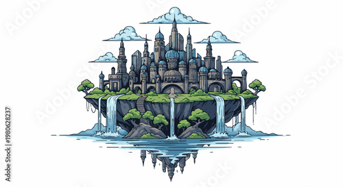 A fantastical city floats amidst clouds with waterfalls cascading down