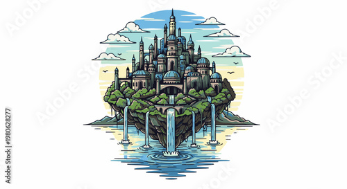 A fantastical floating island city with waterfalls cascades into a tranquil sea