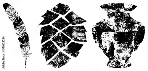 Distressed black vector of feather, pinecone, and ancient amphora, textured with grainy halftone effect, ideal for rustic or historical design projects.