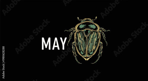 Stylized illustration of a beetle with the word MAY on black