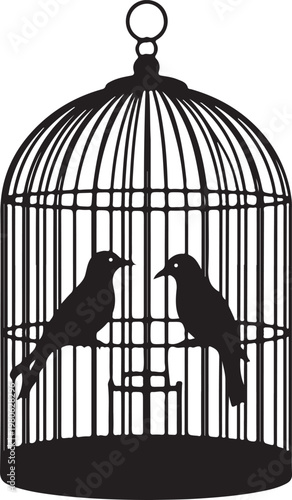 Black silhouette of two birds in a birdcage white background