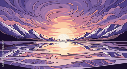 Pixel art sunset over reflective water with snow-capped mountains
