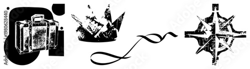 Travel suitcase with rivets, shattered crown, compass rose with distressed texture, minimalist black vector symbols, travel and navigation motifs.