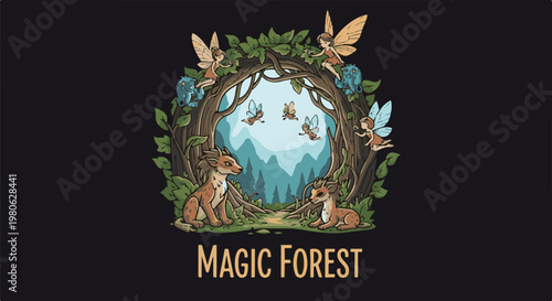 Pixel art scene of a magical forest with fairies, mythical creatures, and lush trees