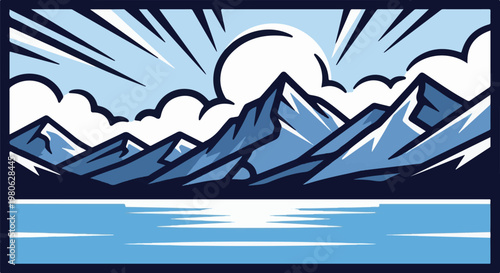 Stylized mountain range with sun and clouds reflected in calm water