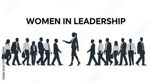 Silhouette of a businesswoman leading a group of diverse professionals in business attire.