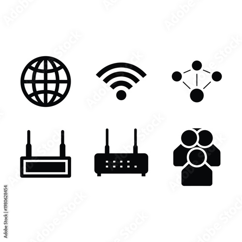 Fotografi Global connectivity icons set, world globe, wifi signal, routers, hub network, u