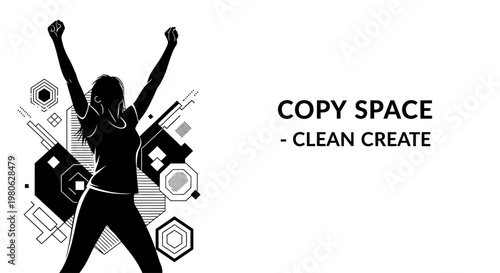 Silhouette of a triumphant woman with arms raised in victory.