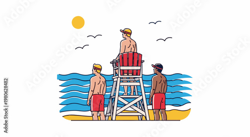 Lifeguards watch the beach with sun and seabirds overhead
