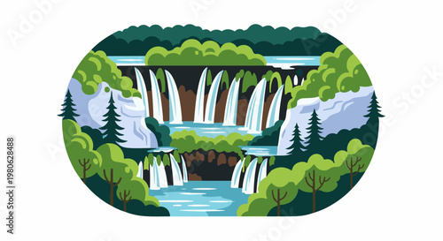 A vibrant, stylized illustration of a multi-tiered waterfall surrounded by lush greenery and trees
