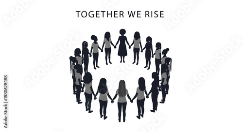 Group of diverse women standing in a circle holding hands together.