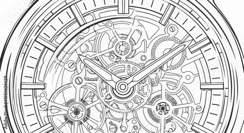 Intricate sketch of a complex clockwork mechanism with gears and hands