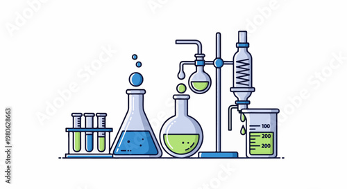 Scientific equipment with flasks, test tubes, and beakers for experiments