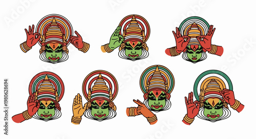 Kathakali dancer faces with colorful headdresses and expressive hand gestures