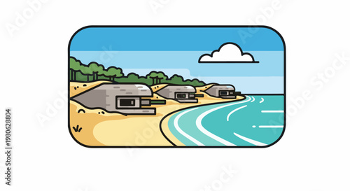 Coastal defense bunkers on a sandy beach with turquoise water and trees