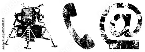 Grungy vector of lunar module, telephone, and at sign, distressed textures,, communication symbols, tech history motifs.