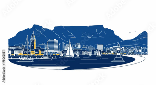 Stylized city skyline with a prominent mountain backdrop and sailboats