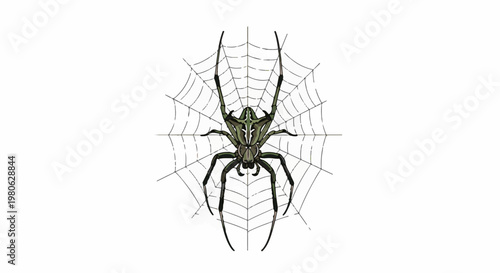 A detailed illustration of a spider perched on its intricate web
