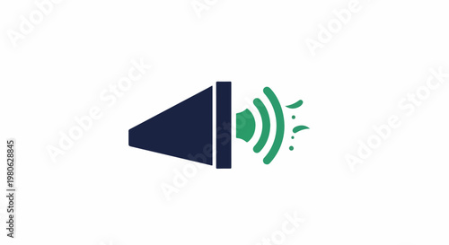 A stylized dark blue speaker icon with green sound waves emanating from it