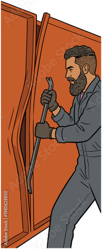 Man forcefully breaking open an orange metal door with a crowbar, demonstrating forced entry or access