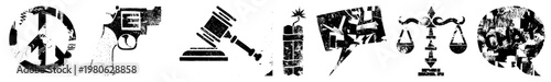 Peace sign, handgun, judge’s gavel, dynamite, lightning bolt, justice scales, earthquake symbol gritty textured, protest or conflict themes, urban stencil art, distressed vector graphics.