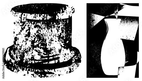 Abstract halftone graphic of vase and cylinder, distressed texture, art, retro print style, isolated vector design, stylized vessel.