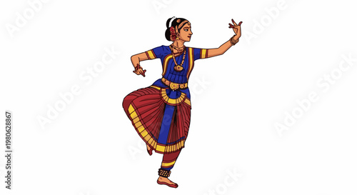 Woman in traditional blue and red Indian dance attire with ornate jewelry