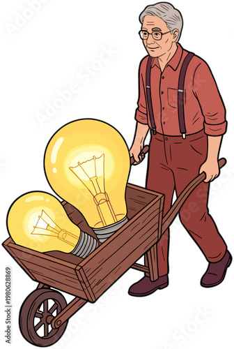 An elderly man pushing a wheelbarrow with two large lightbulbs in a garden