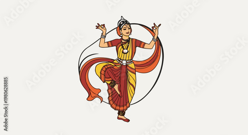 Stylized Indian classical dancer in traditional attire, mid-pose