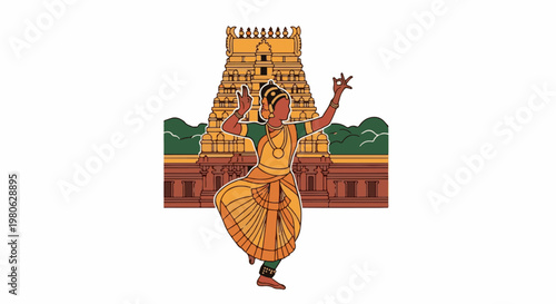 Stylized dancer in traditional attire performs before a vibrant, ornate temple structure
