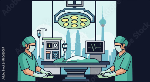 Surgical team performs procedure with city skyline and landmarks in background