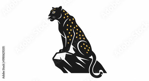 Stylized black leopard with gold spots perched on a rocky outcrop