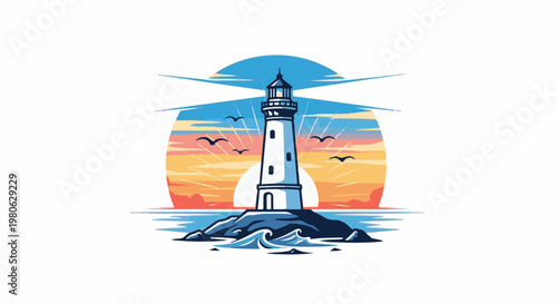 Majestic lighthouse stands tall on rocky island against vibrant sunset