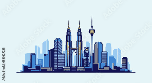 A blue and grey pixelated cityscape with prominent towers and buildings